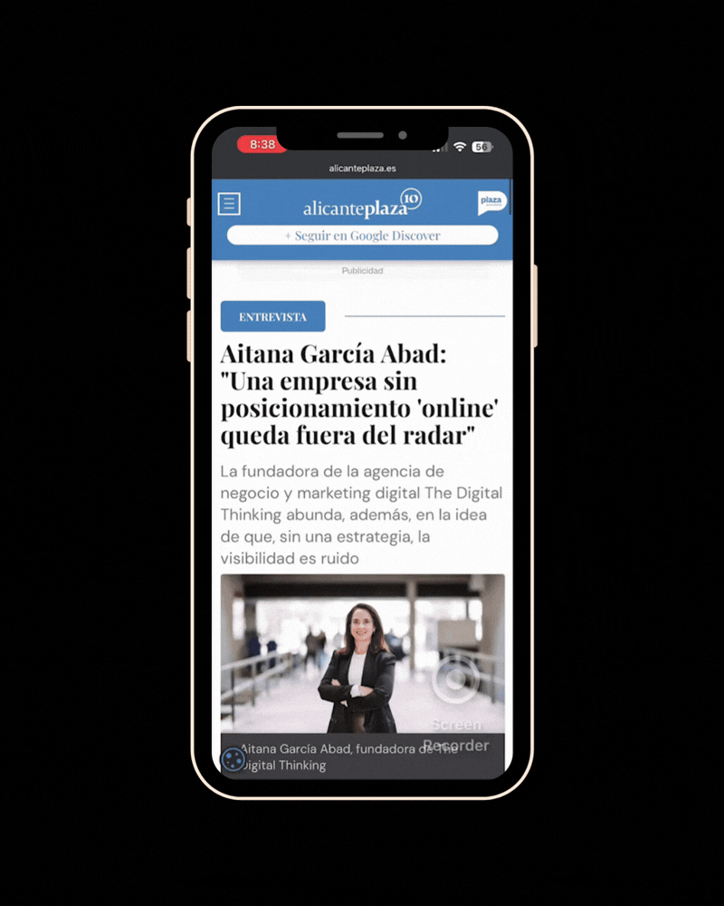 Animación de un teléfono mostrando una noticia de Alicante Plaza